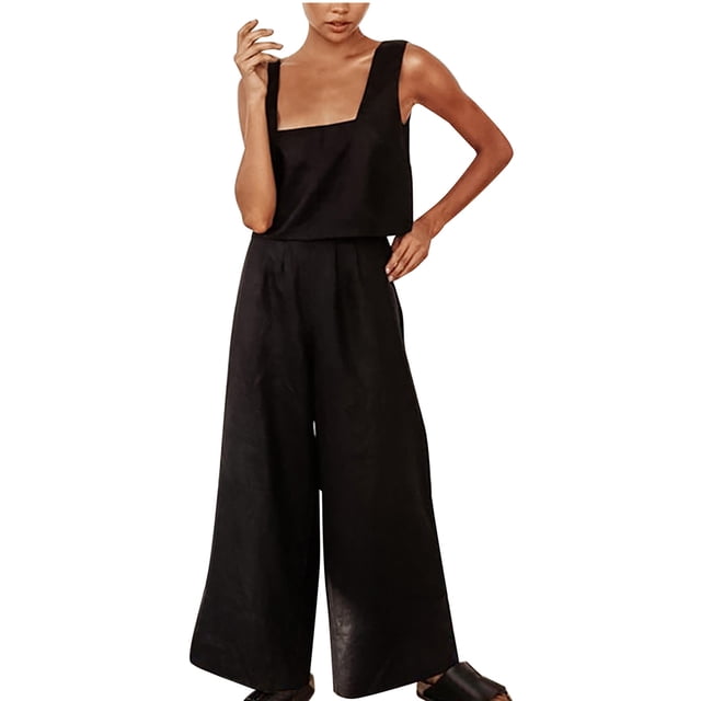 Birdeem Womens Solid Cotton Hemp Pajama Set Sleeveless Top Pants Two Piece Home Suit Set