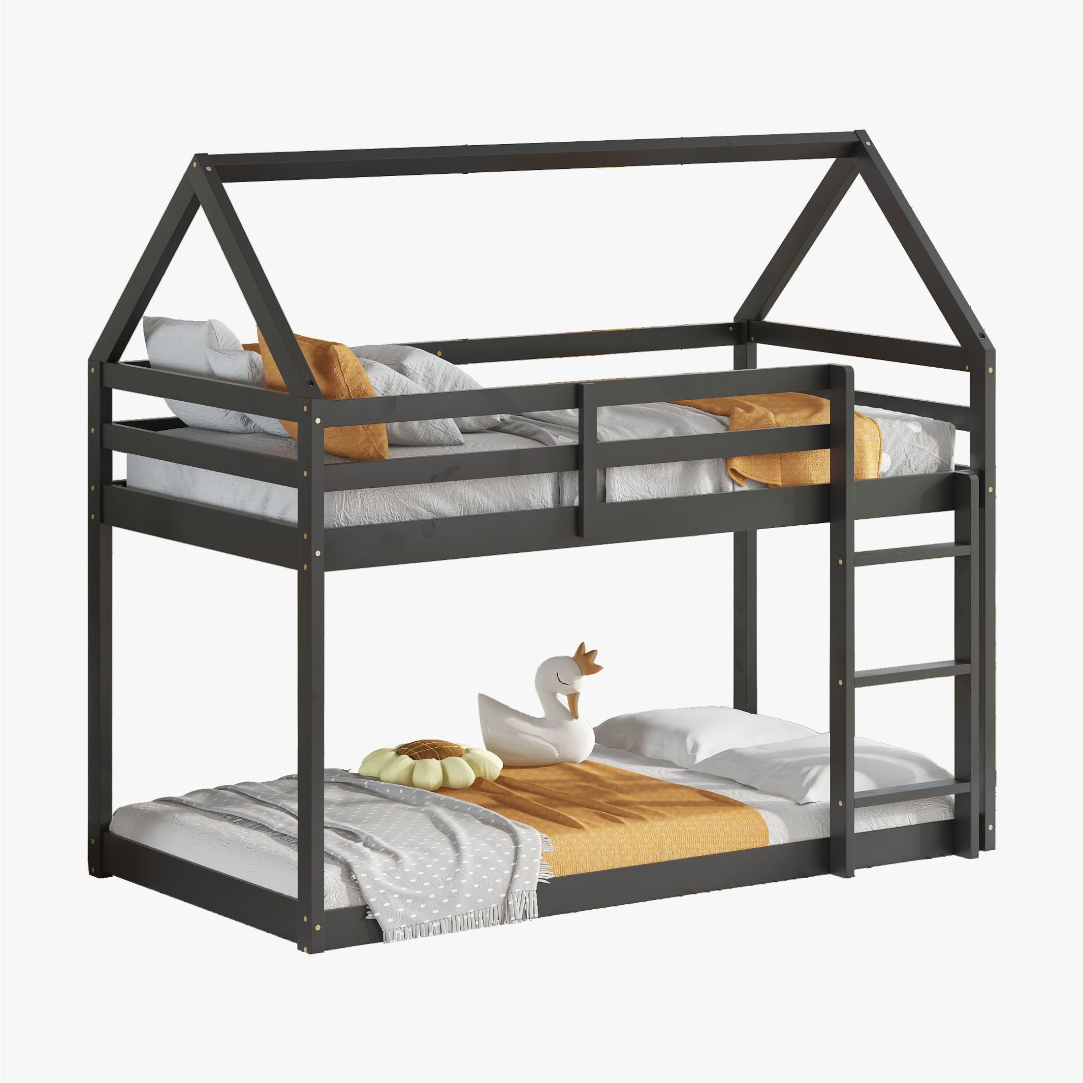 Noble House Sasa Twin over Twin Rubber Wood House Bunk Bed, Low Floor Design with Guardrails and Ladder, Black