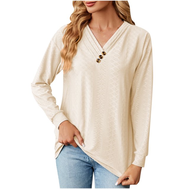 Bowake Womens Long Sleeve Blouses Fall Casual Loose Fit T-Shirts V Neck Button Decor Solid Color Comfy Tunic Tops