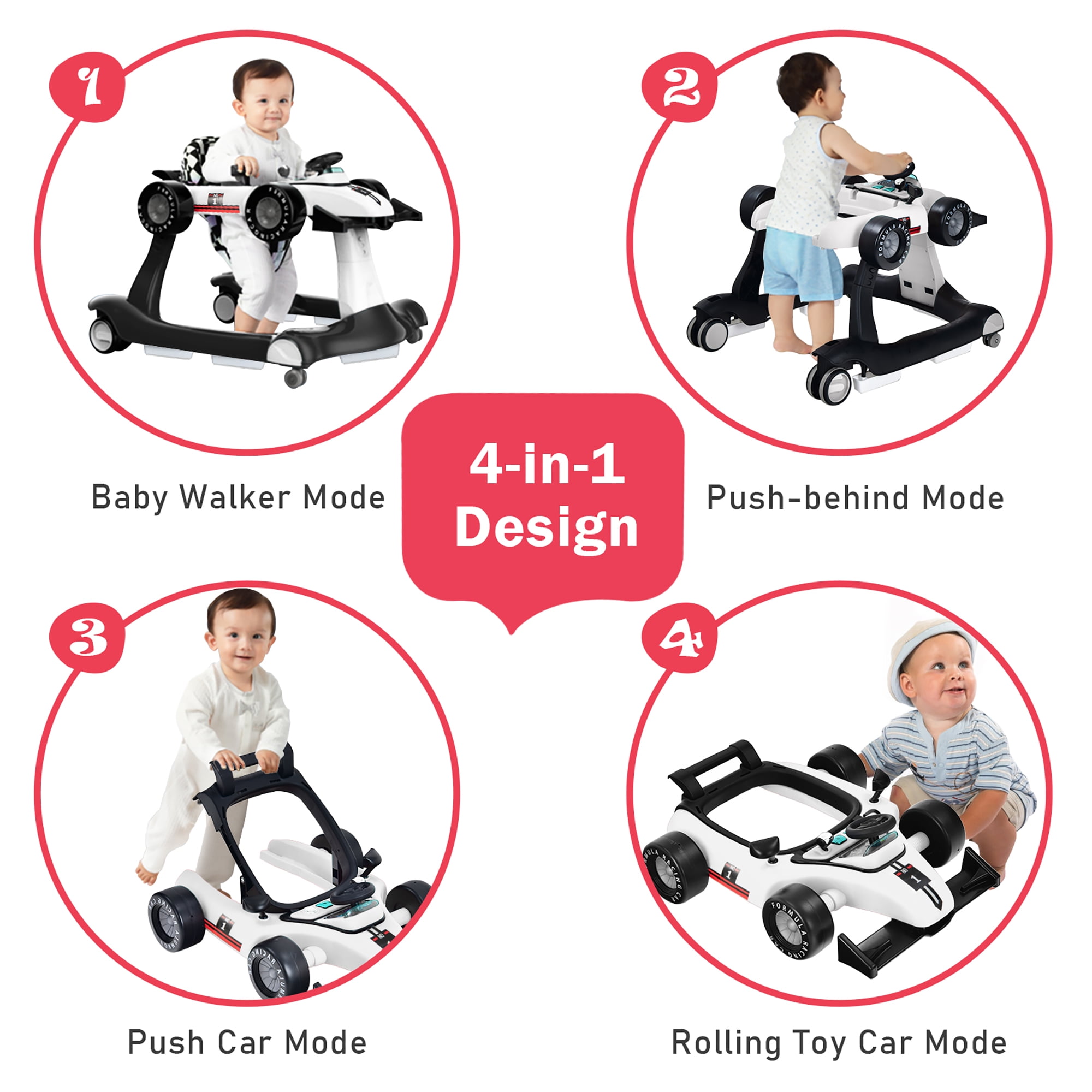 Babyjoy 4-in-1 Baby Walker Foldable Activity Push Walker Adjustable Black 