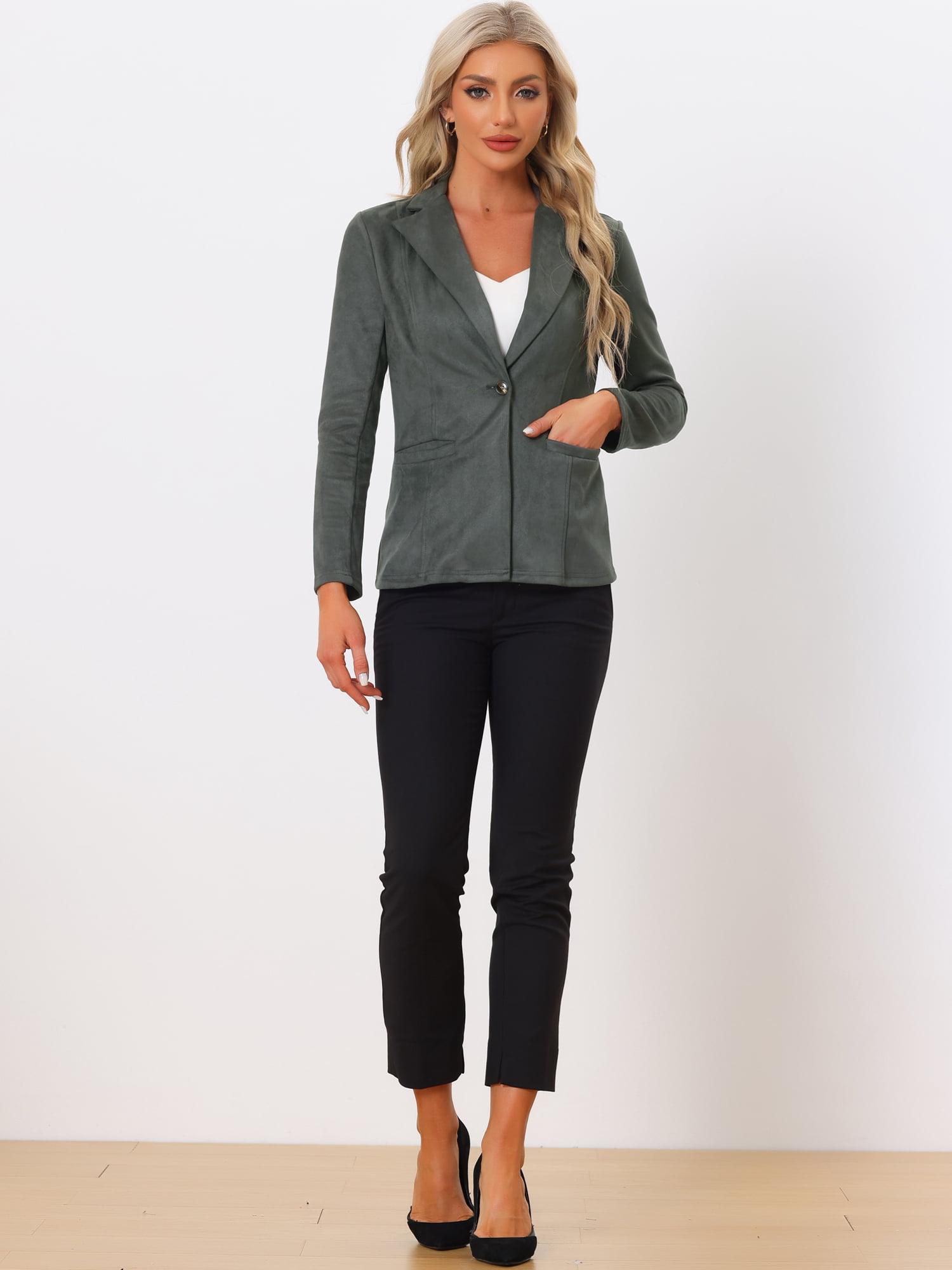 DARING DIVA Women's Faux Suede Lapel Collar Long Sleeve Work Jacket XL Dark Grey