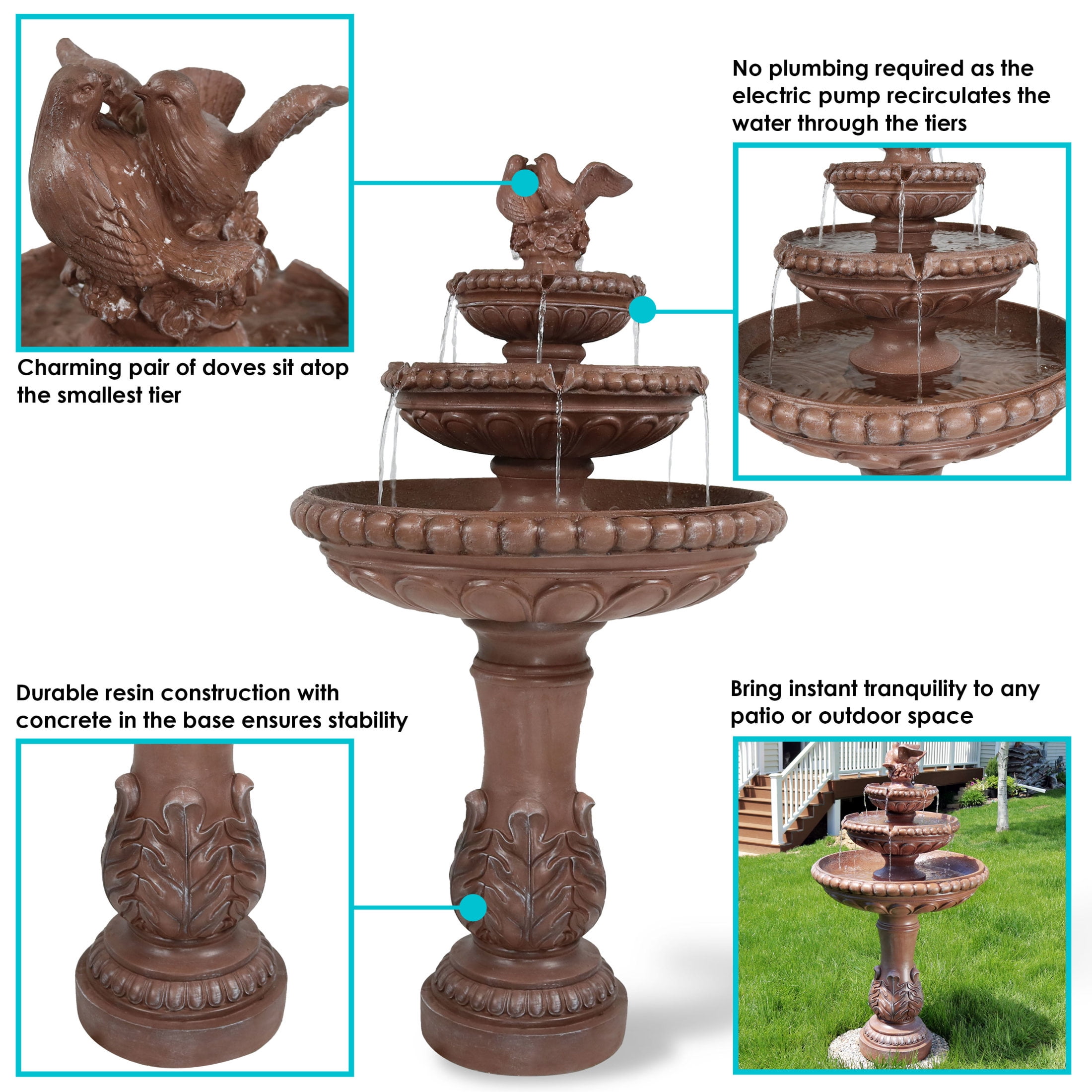 Sunnydaze Dove Pair Traditional Resin 3-Tier Outdoor Water Fountain