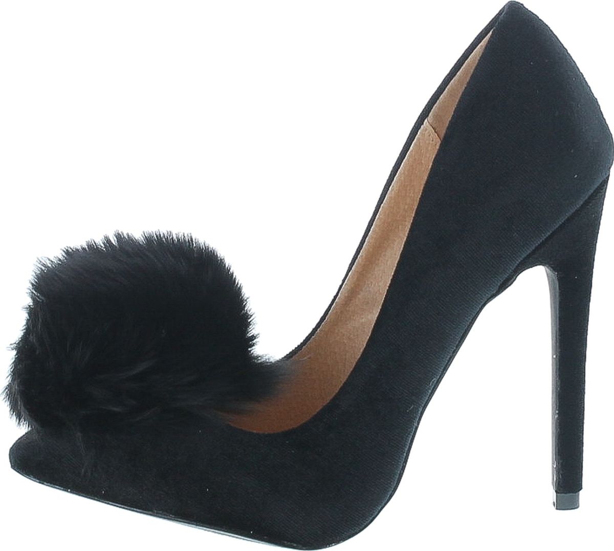 Liliana Affair Velvet Pointy Toe Stiletto High Heel Fur Pom Slip On Pump Slide Shoe, Black, 6 - image 2 of 7