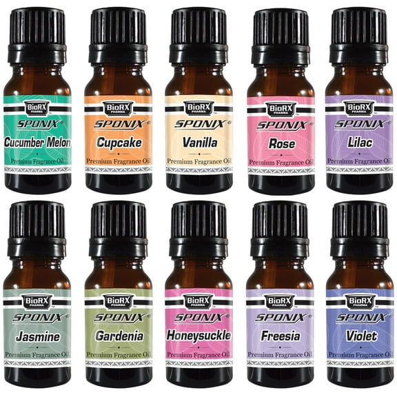 Fragrance Oil Gift Set of 10 (10 ml x 10) Vanilla Frosted Cupcake Rose Honeysuckle Gardenia Lilac Jasmine Cucumber Melon Violet Freesia Aromatic Premium Grade Scented Perfume Oil by Sponix