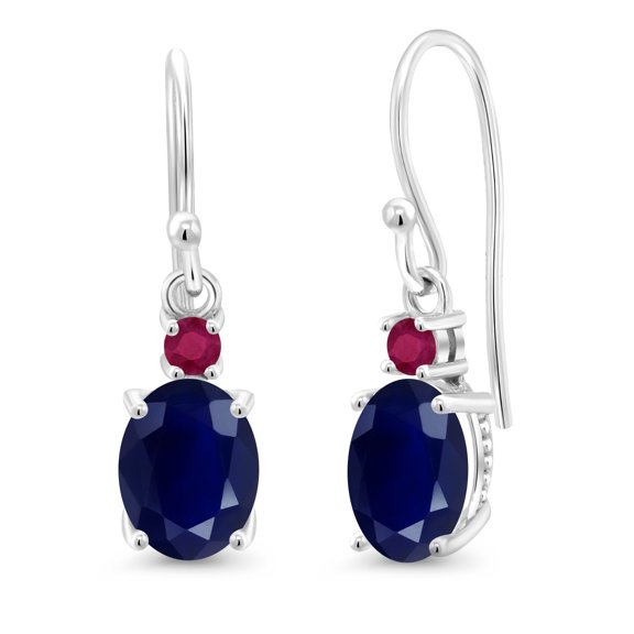 Gem Stone King 10K White Gold Blue Sapphire and Red Ruby Dangle Earrings for Women (3.82 Cttw, Gemstone Birthstone, Oval 8x6mm)