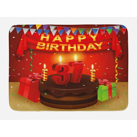 - 37th Birthday Bath Mat, Chocolate Cake Gifts Balloons Flag Cute Icons Candles Artsy Design Image, Non-Slip Plush Mat Bathroom Kitchen Laundry Room Decor, 29.5 X 17.5 Inches, Multicolor, Ambesonne