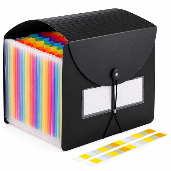 24 Pockets Expanding File Folder,Black Desktop Accordion Folders Document Storage Organizer with Expandable Cover (A4/Letter Size)