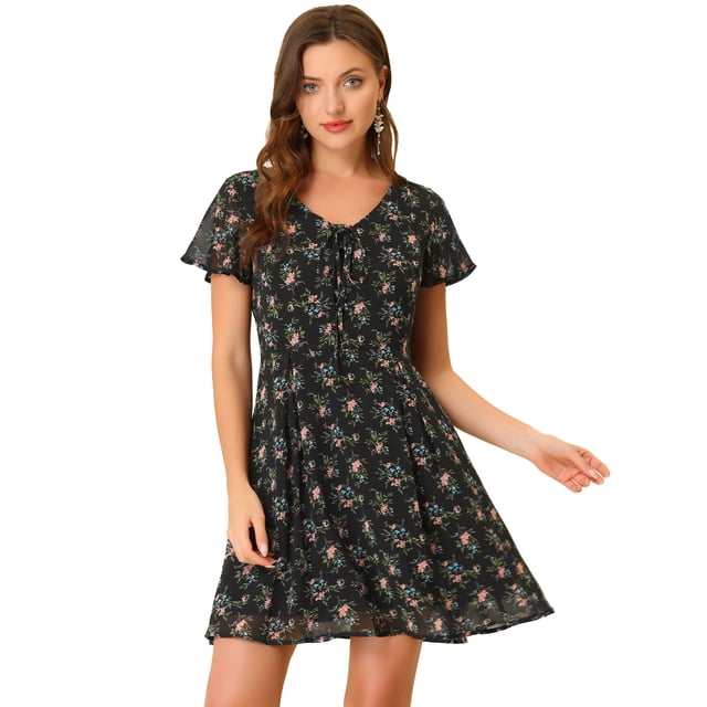 Vestido De Gasa Con Cuello En V Y Manga Con Volantes Florales Para Mujer Negro Floral XL