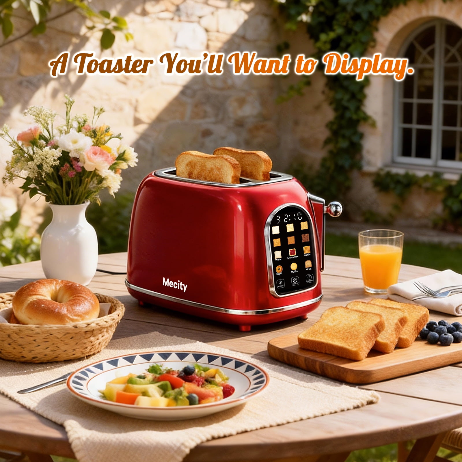 Mecity Easy Touch Screen Toaster 2 Slice – Retro Wide Slot Stainless Steel Toaster with Large Display, 6 Browning Levels, Bagel, Defrost & Reheat, Removable Crumb Tray, Red Pearl