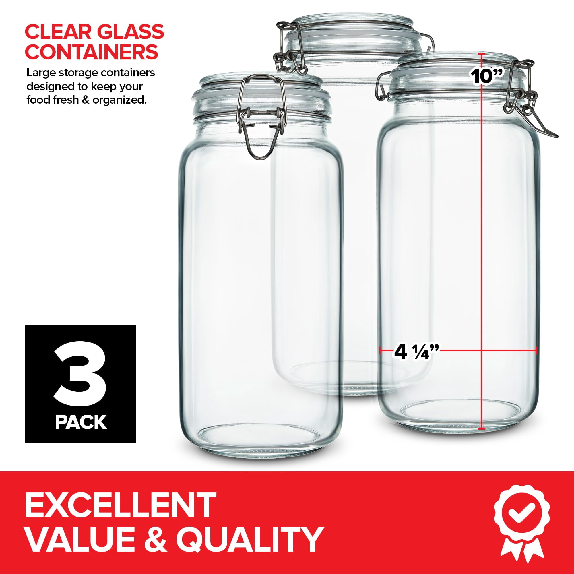 78 oz Large Glass Storage Containers With Airtight Clamp Lids, Set of 3 Hinge-Top Food Storage Mason Jars for Pantries, Sealed Glass Kitchen Jars for Flour, Pasta, Sugar or Cereal