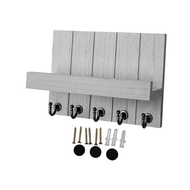 Siruishop Key Holder Wall Mount Easy Installation Coat Rack in gray, featuring a wooden design with five black metal hooks and a top shelf for organizing keys, mail, hats, coats, and small decorative items. Includes screws for wall mounting. Ideal for entryways, kitchens, offices, and hallways.