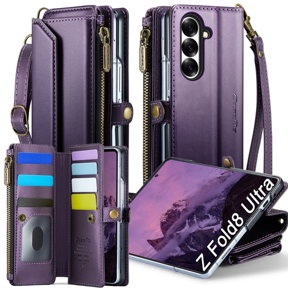 Sanwo for Samsung Galaxy Z Fold8 Ultra Case, 3-in-1 Crossbody Wallet Flip Cover with 7 Card Slots, Zipper Pocket, RFID Blocking, Faux Leather, Lanyard & Wrist Strap, Purple