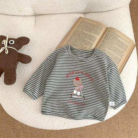

OQCKIDS Baby Unisex Stripes Little Bear Printed Long Sleeves Round Neck T-shirt Tee Pullover