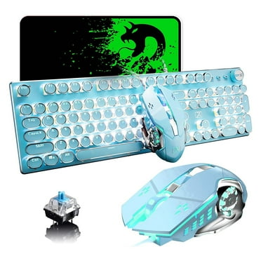 XINMENG X9 Blue Typewriter Keyboard and Mouse,Retro Vintage Mechanical Gaming Keyboard with White LED Backlit,104 Keys Anti-Ghosting Blue Switch Wired Cute,Round Keycaps for Desktop PC/Laptop Mac