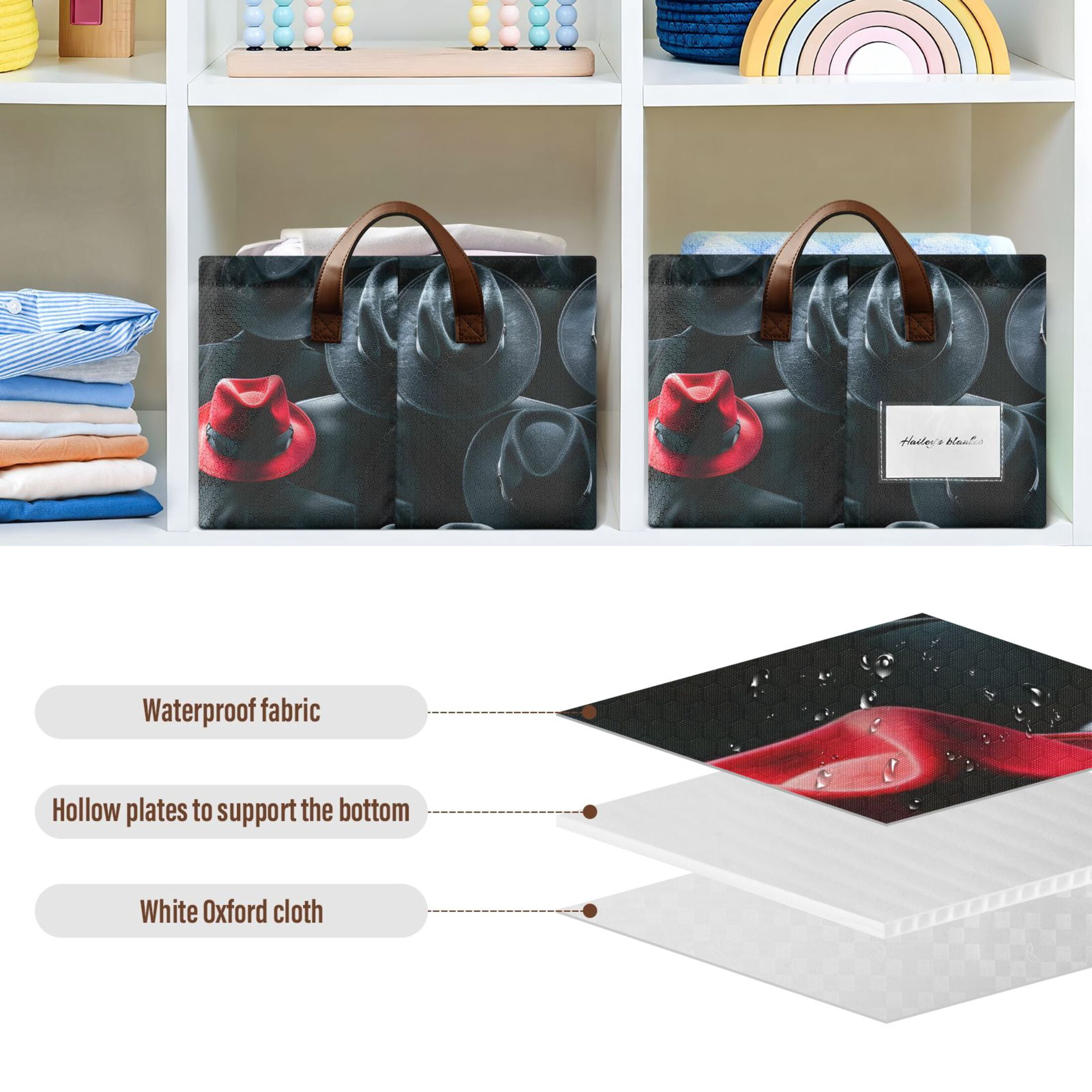 Black Red Hat 2 Pcs Collapsible Storage Bins Fabric Shelf Baskets with Handles 16.9"x11.4"x7.7" Closet Organizer