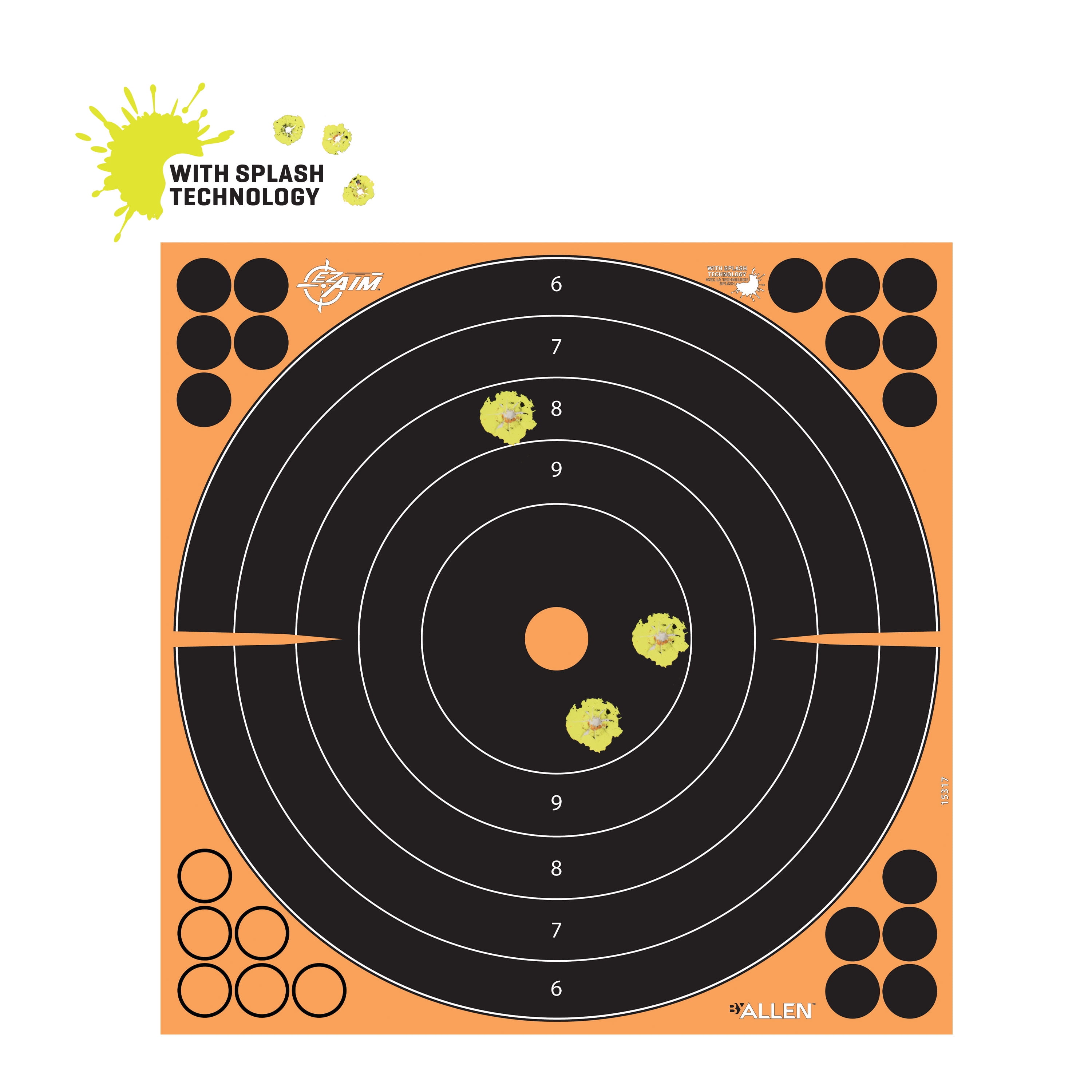 EZ Aim Splash® Reactive Adhesive Paper Shooting Targets, Bullseye, 12" Square, 10-Pack, Black/Orange