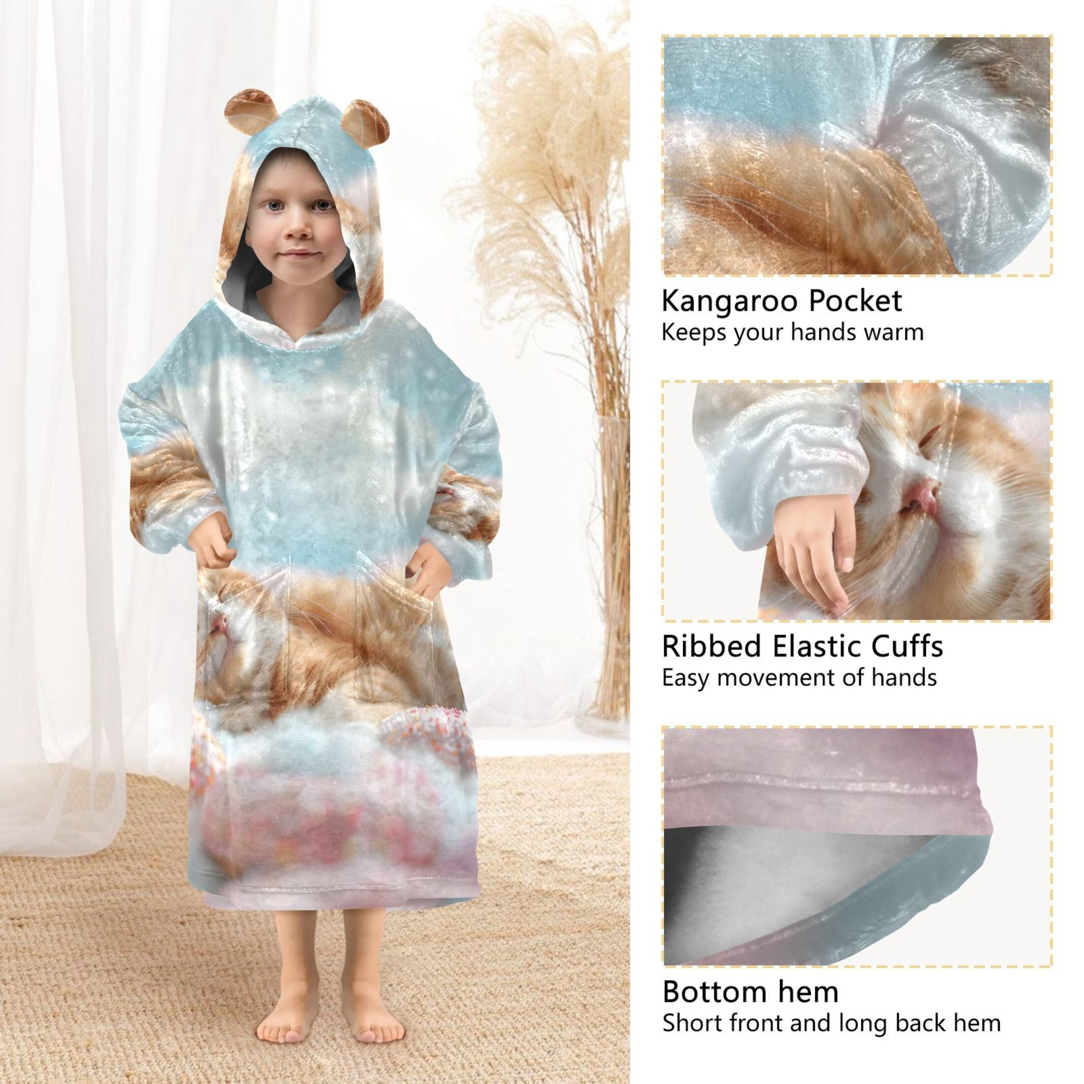 joogoo Wearable Blanket Hoodie for Kids Cute Cat Sleeping with Donuts Flannel Oversized Sweatshirt 3-14 Years M