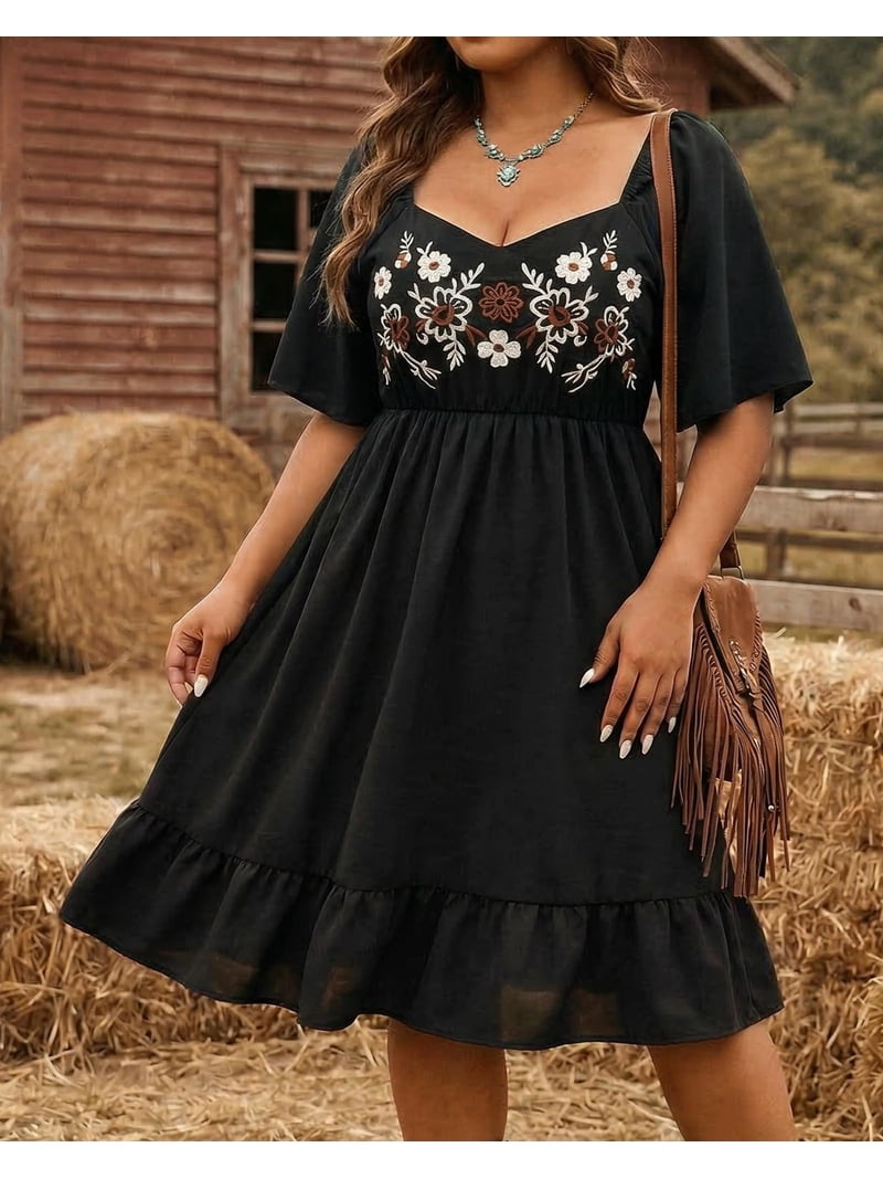 western midi dress Women's Short Sleeve Scalloped Crafted A-Line hour dinners Western Print Midi Dress