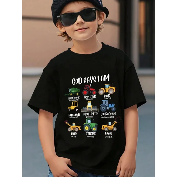 God Says I Am Tractor Graphic Tee For Boys Cute Funny Birthday Gift Unisex Short Sleeve Cotton Tee