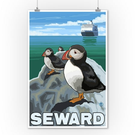 Puffins & Cruise Ship - Seward, Alaska - LP Original Poster (9x12 Art Print, Wall Decor Travel (Best Alaska Cruise Review)