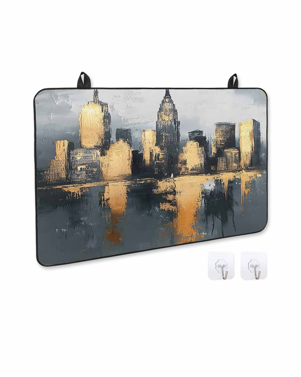 nqOlkjepod Large Induction Cooktop Protector Mat 24"x21", Gold Black Building Stove Top Covers for Electric Stove, Modern Chic City Oil Painting Stove Burner Cover Mats, Glass Top Stove Cover