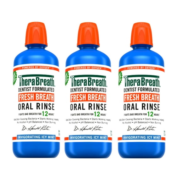3 Pack - TheraBreath Fresh Breath Mouthwash, Icy Mint, Alcohol-Free, 1 Liter (33.8 fl oz)
