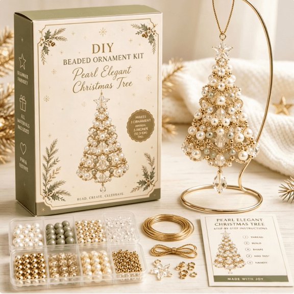 DIY Christmas Tree Beaded Ornament Kit, Beginner Friendly Holiday Craft Set with Assorted Beads, Wire, Charms & Instructions, Handmade Hanging Christmas Decor, B