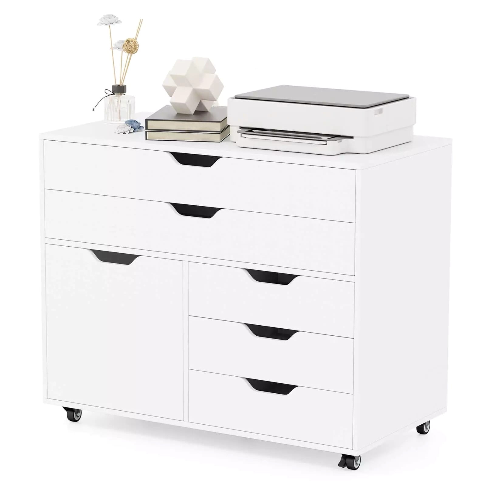 Harmijoy 5-Drawer File Cabinet w/Side Cabinet, Mobile Chest of Drawers w/ Side Cabinet, Door Cabinet with 5 Casters, Rolling Lateral Filing Cabinet
