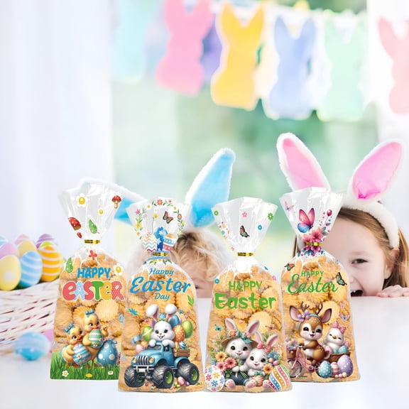 CCOCC 50-Pack Easter Candy Gift Bags with Ties - Decorative Holiday Treat Bags for Party Favors & Celebrations - Festive Bunny & Egg Design Plastic Packaging Pouches (12.5x24cm)
