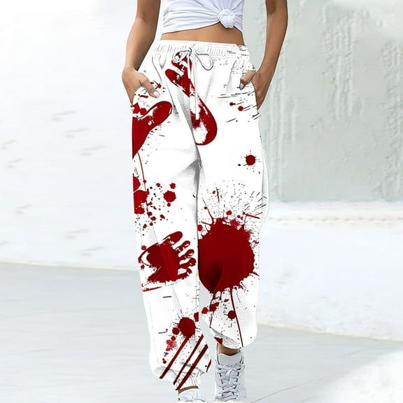 WXLWZYWL Halloween Sweatpants for Women Scary Bloody Splash Print Fleece Lined Bottoms Gym Workout Pants Halloween 2024 Fall Jogger Pants