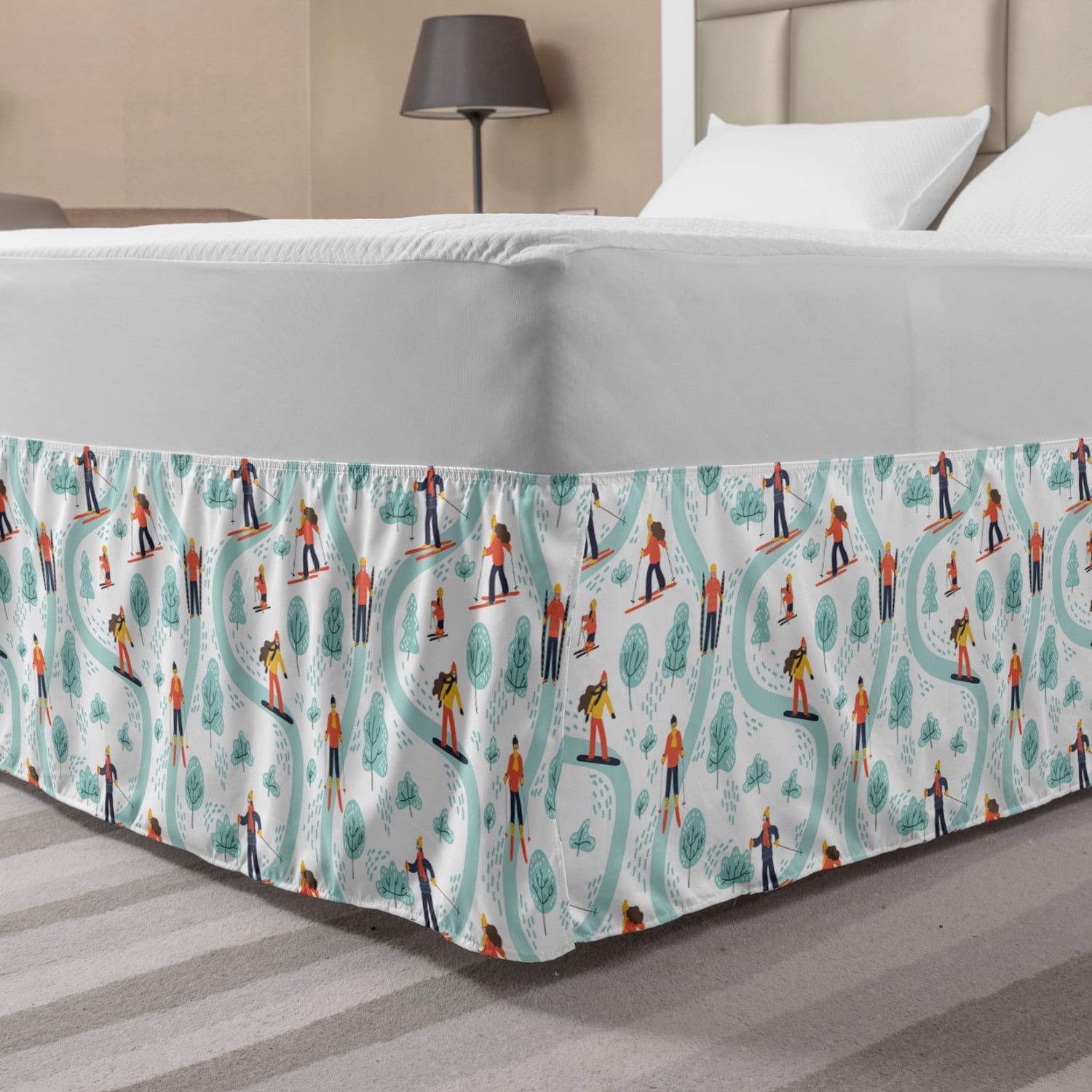 Ski Pattern Bed Skirt, Continuous Pastel Skiing People on Track Simple