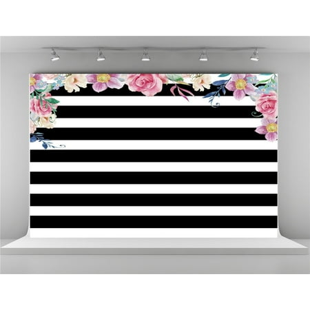 HelloDecor Polyster 7x5ft Pink Flowers Photography Backdrops Black and White Stripe Background