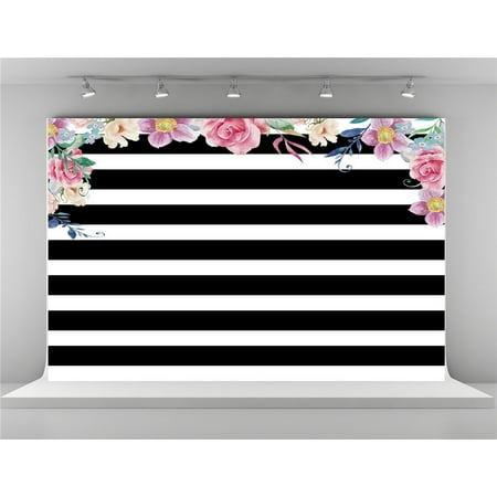 Black And White Photography - HelloDecor Polyster 7x5ft Pink Flowers Photography Backdrops Black and White Stripe Background Shooting