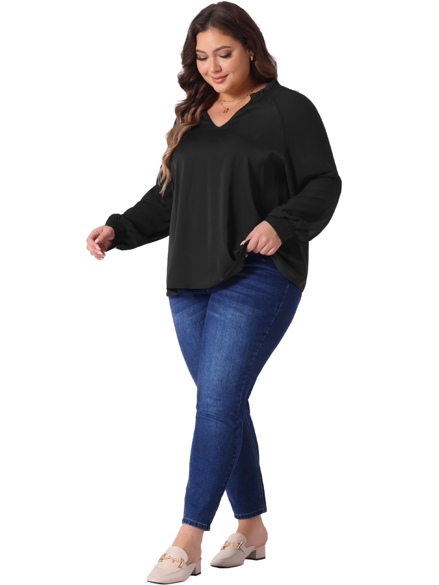DARING DIVA Women's Plus Sheer Ruffle Notched V Neck Blouse 4X Black