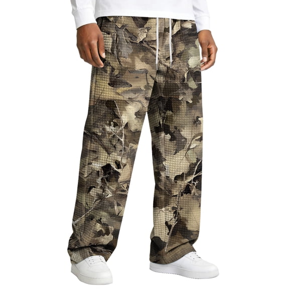 Dwelliawo Men's Athletic Open Bottom Relaxed Fit Camo Sweatpants Lounge Fashion Straight Leg Drawstring Athletic Loose Trousers Running Pant with Pockets Light Brown XL