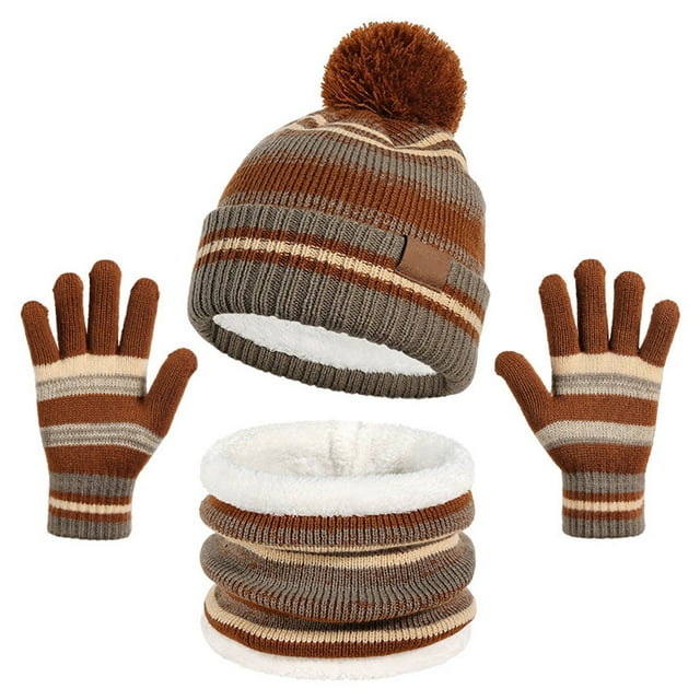 Borde niños sombrero babero y guantes conjunto otoño e invierno de punto y forro polar cálido sombrero bola de pelo 3 Piece Set