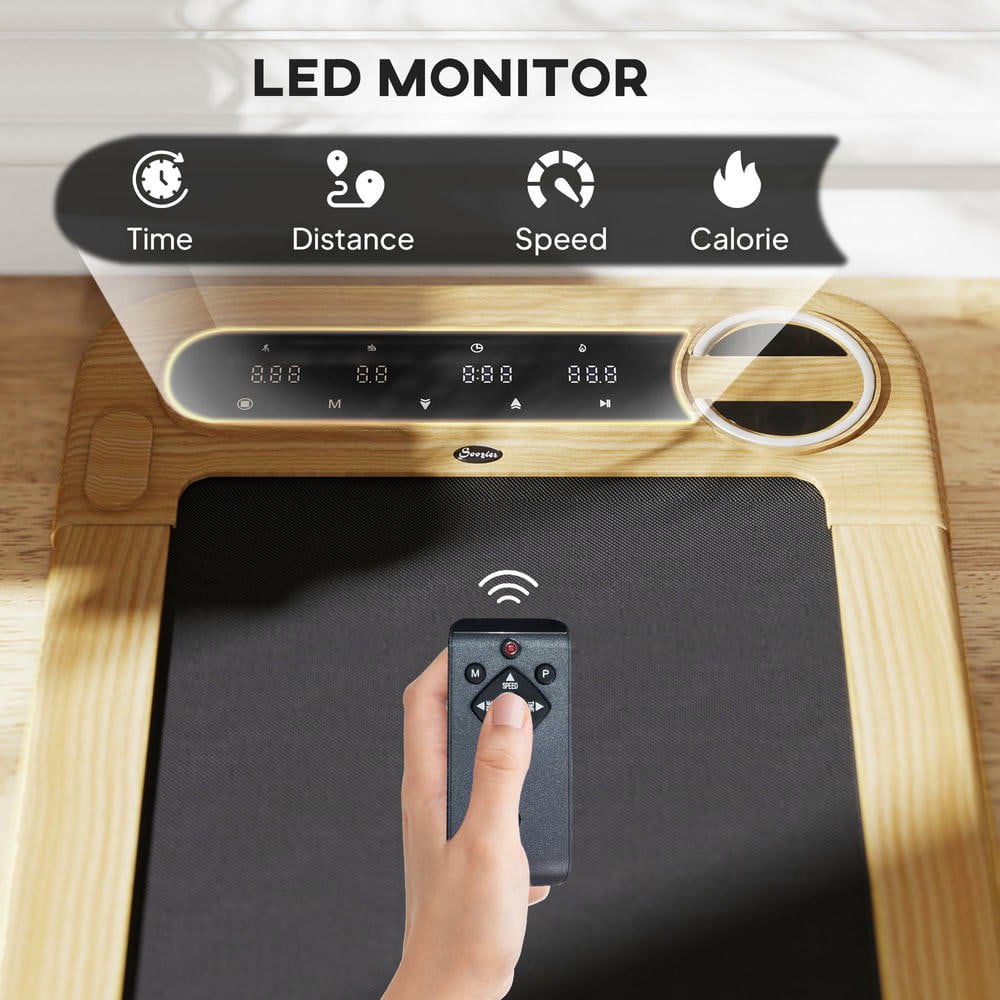 Resenkos Under Desk Treadmill with Wide Running Belt, Bluetooth Speaker & Wheels - Natural Wood