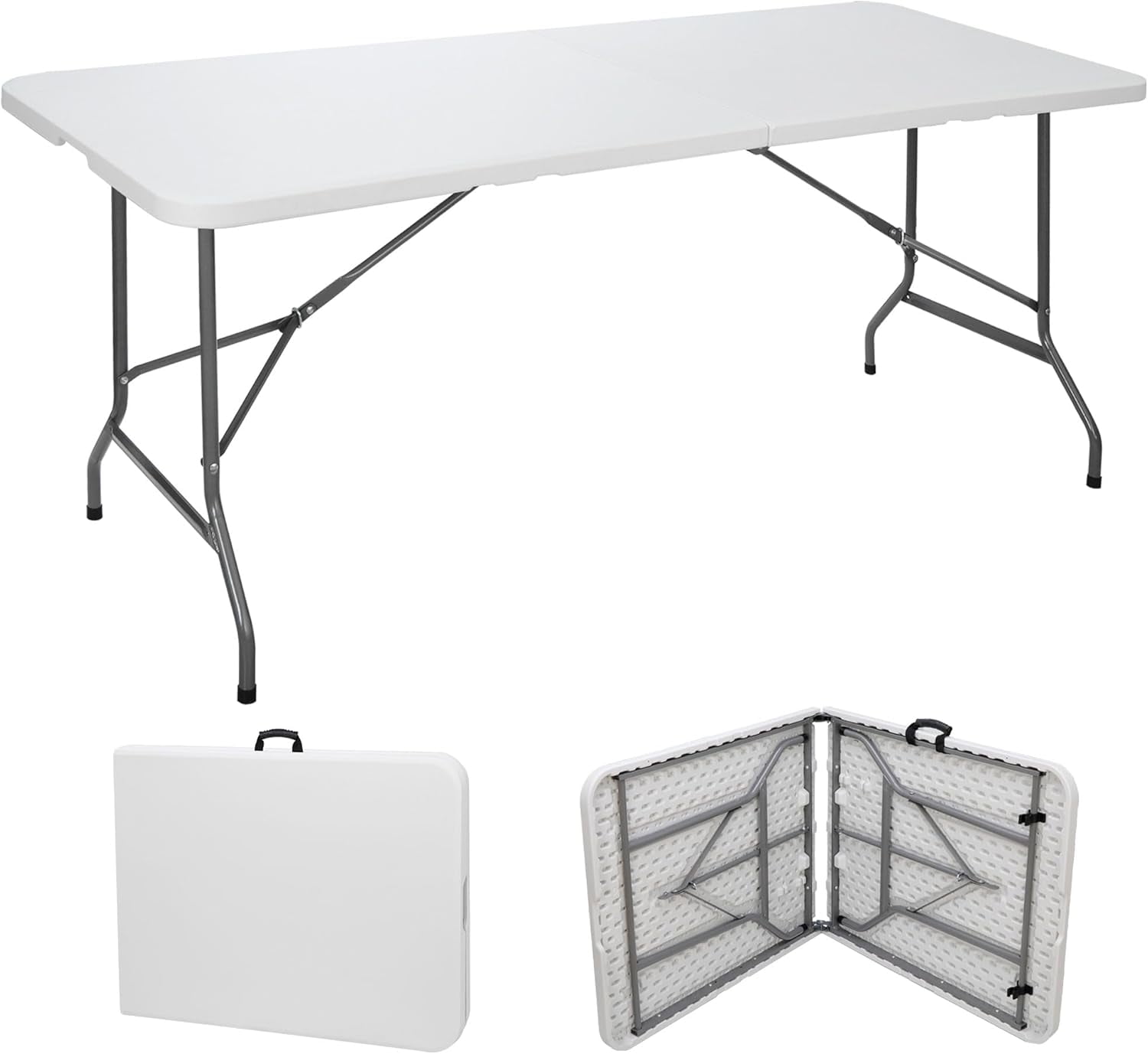 DazzAura 6ft Folding Table, Portable Picnic Table, Plastic Table for Indoor Outdoor Picnic, Party, Camping, Heavy Duty Fold-up Table with Handle, White