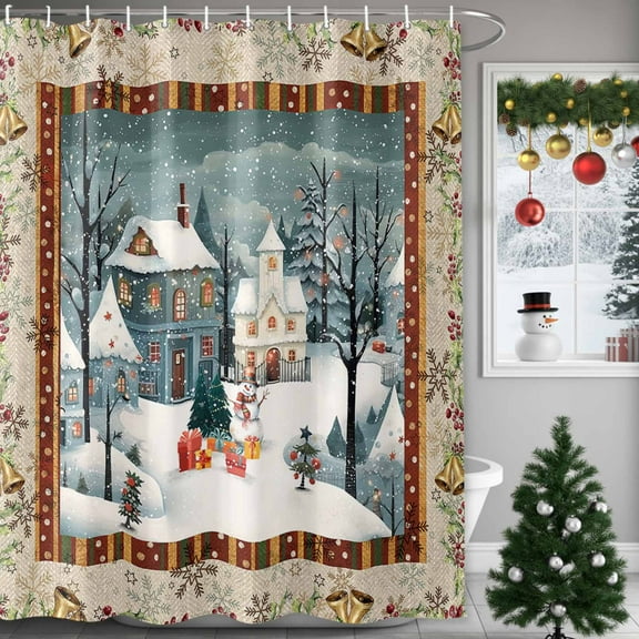 Christmas Farm Winter Snow Scene Shower Curtain for Bathroom, Snowflake Bell on Burlap Waterproof Shower Curtains Washable Quick Dry with Hooks Bathtub Curtains 72x72IN