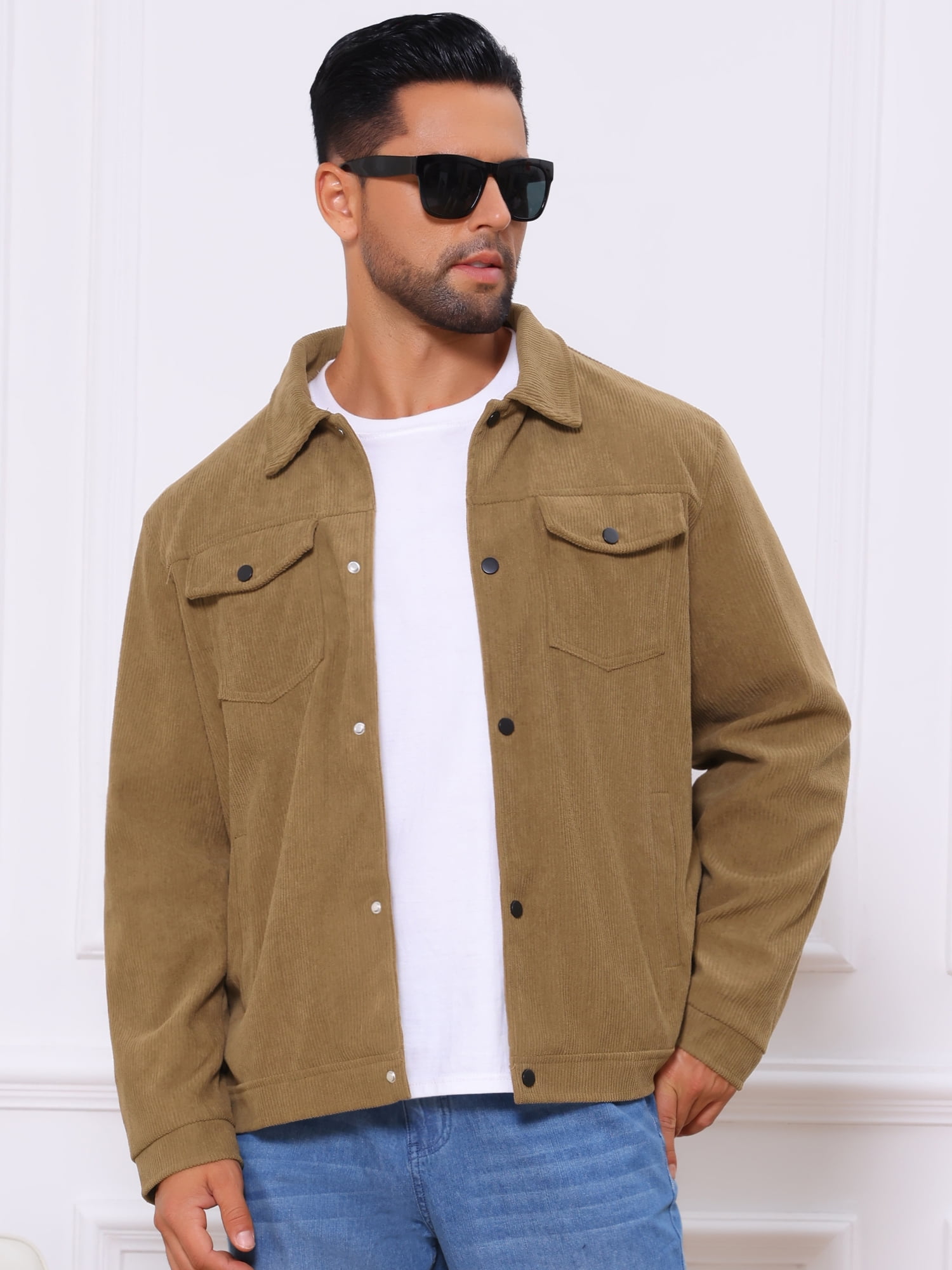 DARING DIVA Men's Solid Long Sleeve Button Pockets Corduroy Trucker Jacket XL Brown