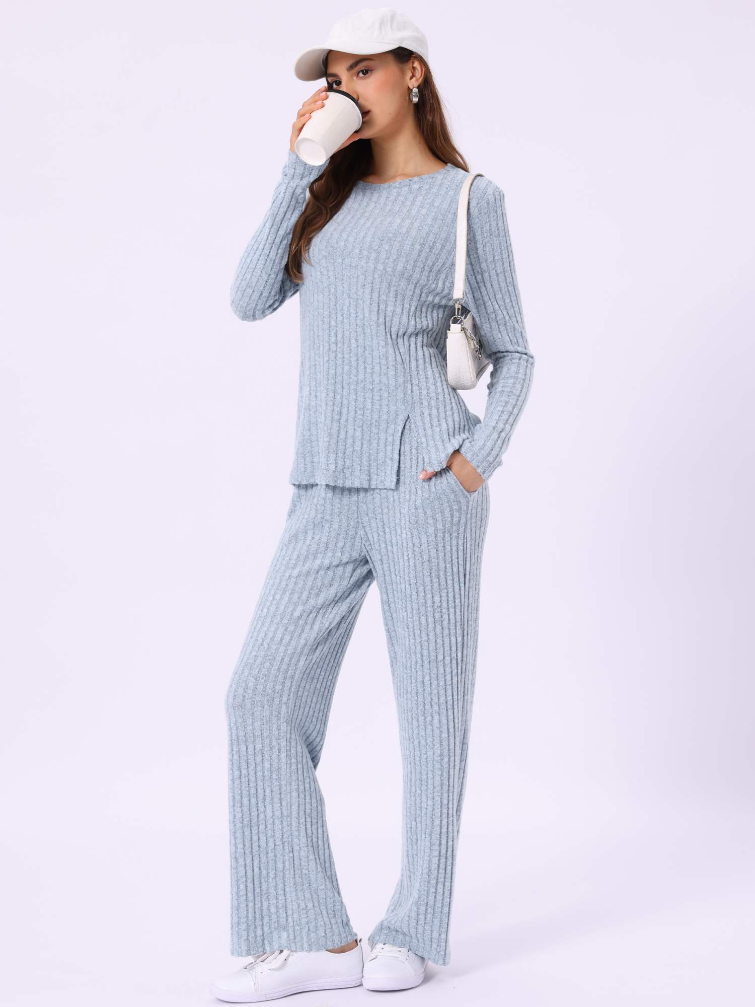 DARING DIVA Women's Knit Long Sleeve Ribbed Sleepwear Soft Crewneck Sets M Blue