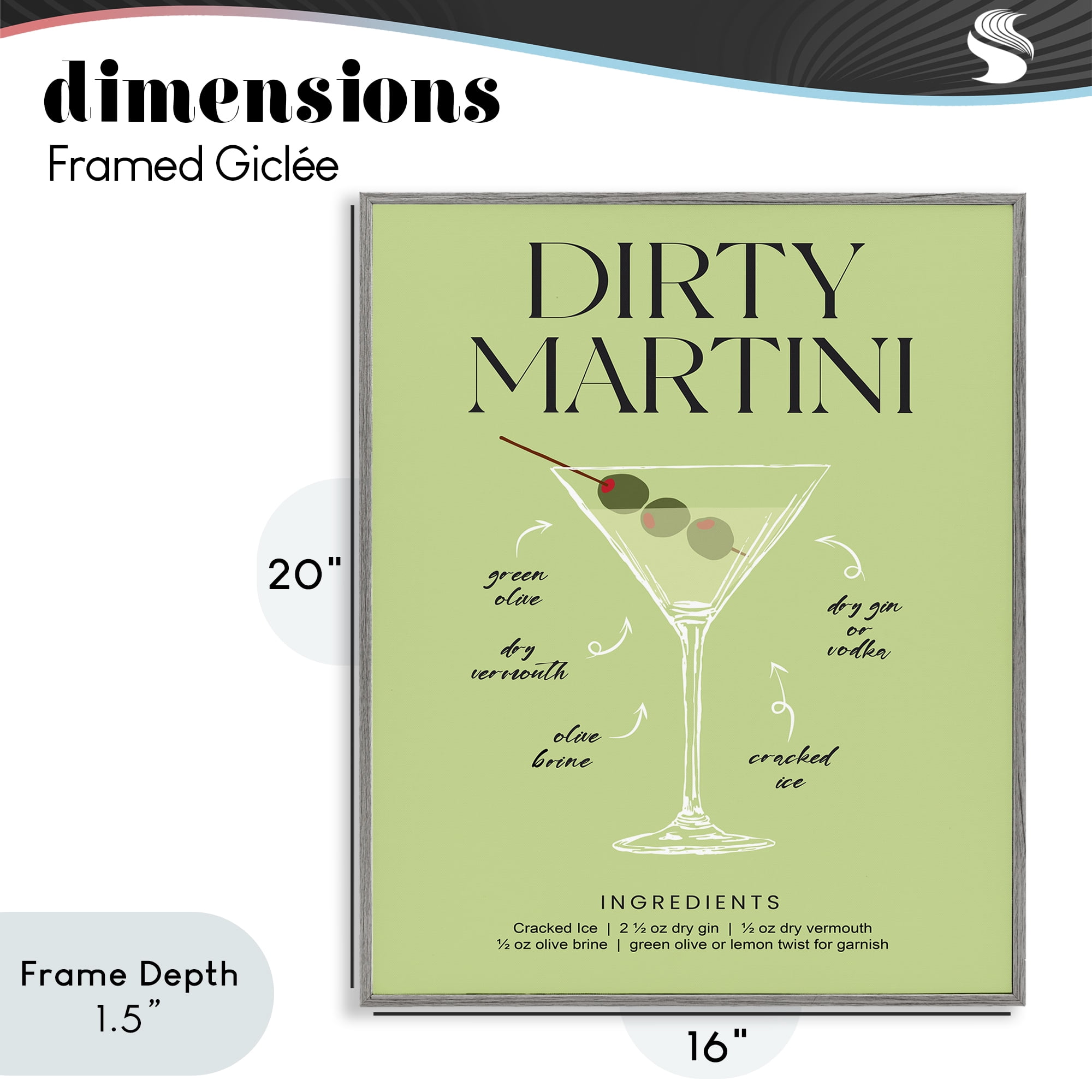 Stupell Industries Dirty Martini Green Recipe Gray Framed Giclee Art, design by Lettered and Lined