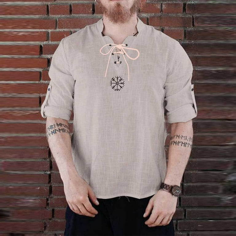 Medieval Viking Pirate Linen Top Shirt Men's Nordic T-shirt Cosplay  Lace-Up Tee