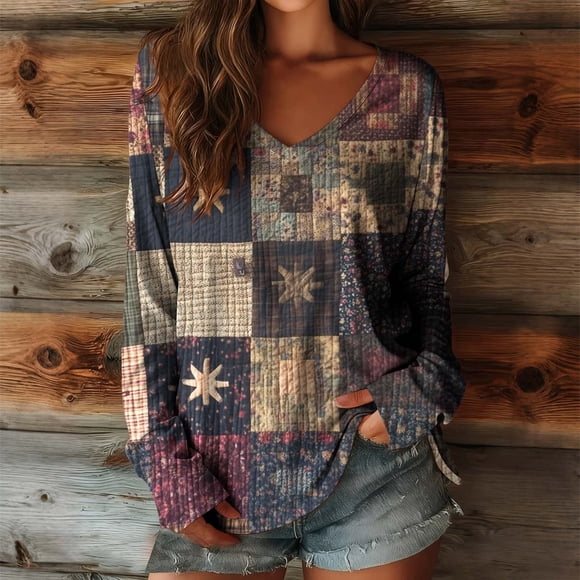 Uootdi Boho Tops for Women Ethnic Floral Printed Long Sleeve Shirts Vintage Lightweight Casual Loose Graphic Blouses Gift