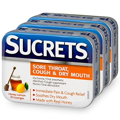 Sucrets Sore Throat, Cough & Dry Mouth Lozenges, Honey Lemon, 18 Count, Pack of 3