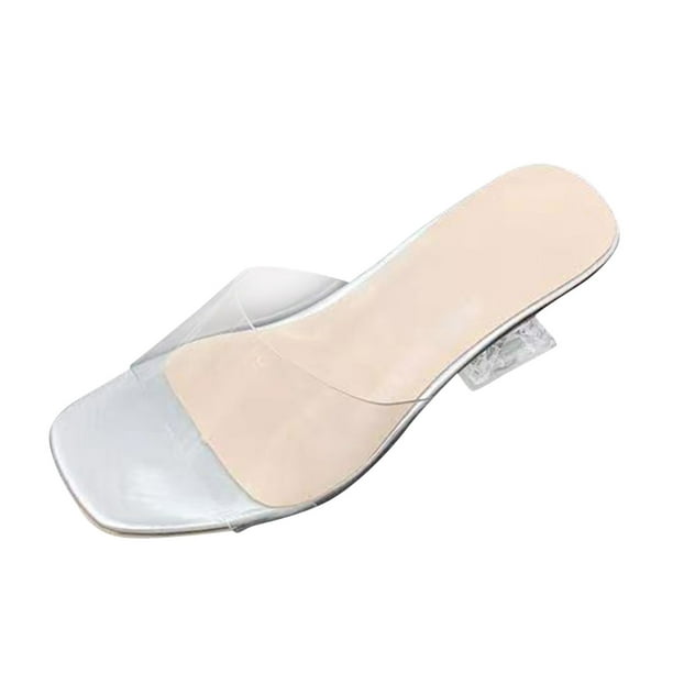 eczipvz Women Shoes Ladies Fashion Summer Transparent Square Head Open Toe  Thick High Heeled Slippers,Silver 