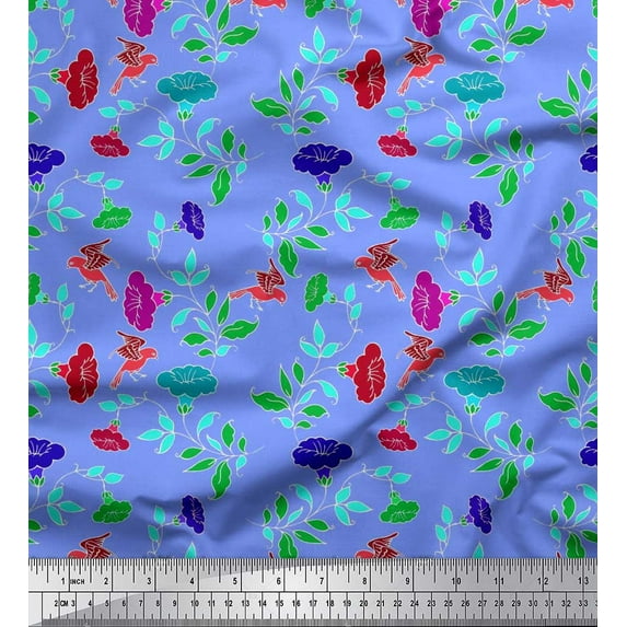 Soimoi Poly Georgette Fabric Leaves,Bird & Floral Artistic Print Fabric by The Yard 42 Inch Wide
