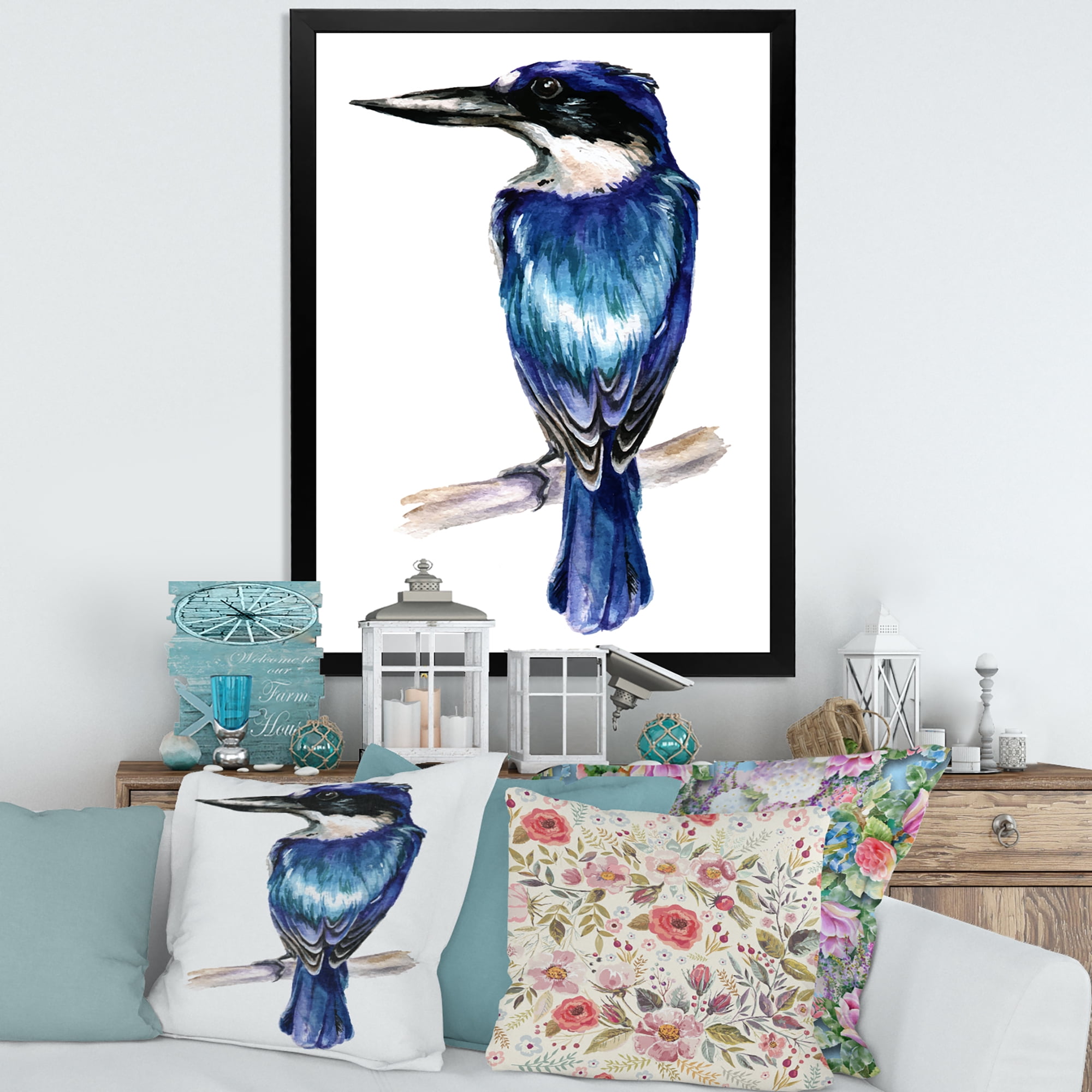 Designart 'Style Blue Kingfisher Bird' Traditional Framed Art Print