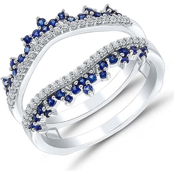 925 Sterling Silver 14K White Gold Finish Round Cut Blue Sapphire & White Diamond Enhancer Guard Wrap Ring for Women