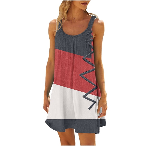 Vestido de Verano para las Mujeres Impreso sin Mangas Cuello Redondo, Suelto de Rodilla de Longitud Vestido Casual para la Primavera